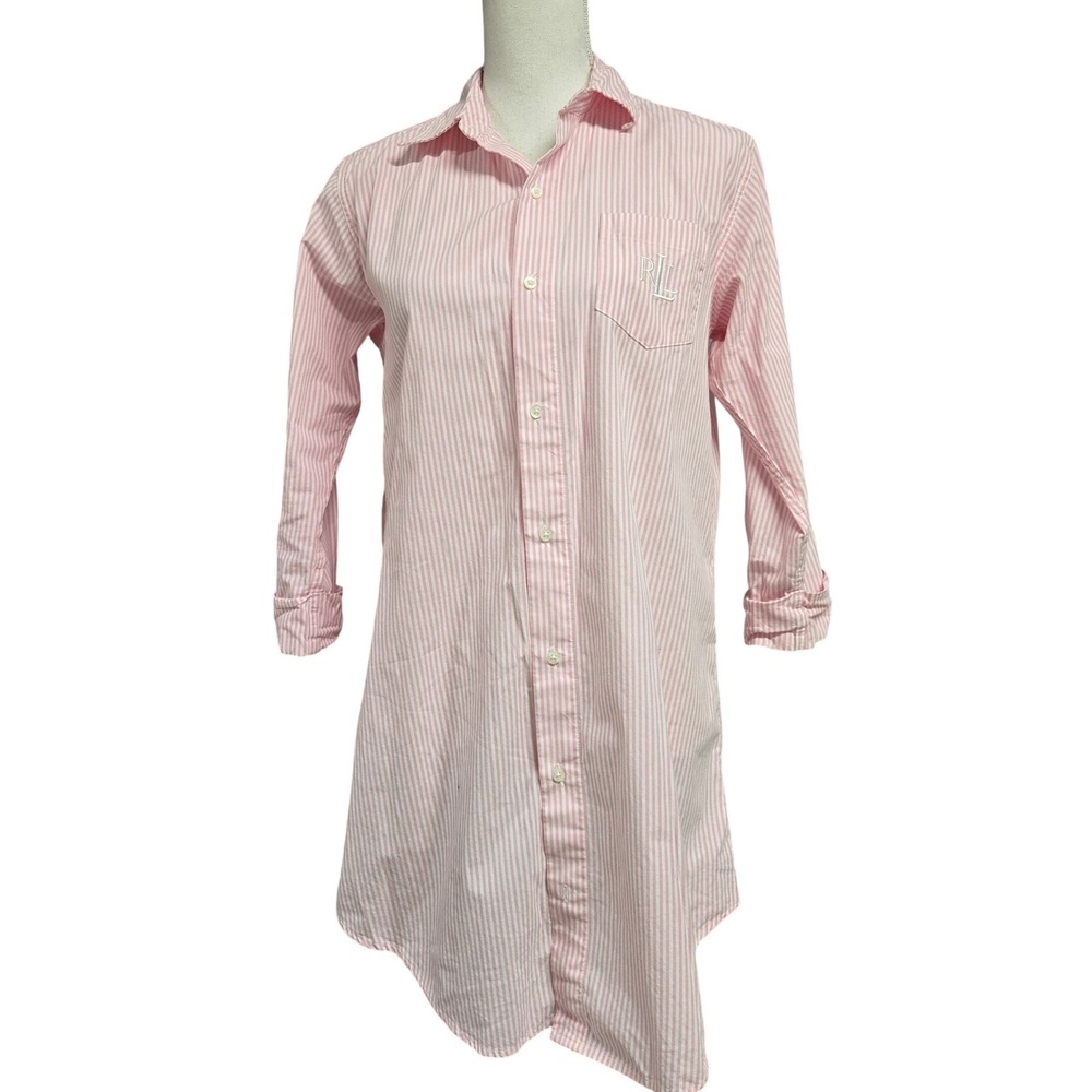 Lauren Ralph Lauren Pink White Striped Cotton Button Down Sleep Shirt Dress XS